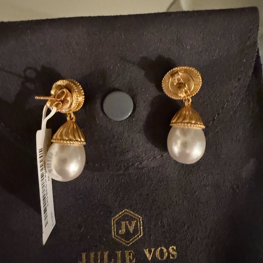 NWT - Julie Vos Gold and Blue Drop Earrings with Baroque Pearls - Picture 2 of 3